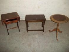 A LEATHER INLAID WINE TABLE WITH AN OCCASIONAL DROP LEAF SIDE TABLE ETC (3 ITEMS INCLUDED)