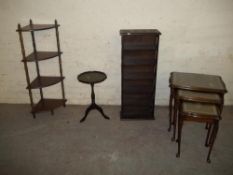 A WOTNOT STAND, A LEATHER INLAID NEST OF 3 TABLES, A WINE TABLE AND A SMALL BOOK SHELF (4 ITEMS