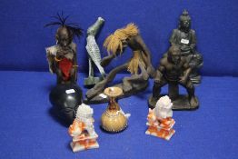 A COLLECTION OF CONTINENTAL FIGURES AND CERAMICS TO INCLUDE 2 DOGS OF FU