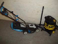 A MACALISTER ELECTRIC MOWER TOGETHER WITH AN INDUSTRIAL VACUUM