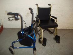 A WHEELCHAIR AND A 3 WHEELED WALKING AIDE