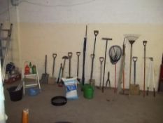 A LARGE SELECTION OF GARDEN TOOLS TO INCLUDE A FISHING ROD