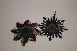 TWO CHINESE WAR LORD TYPE MEDALS, ENAMEL WHITE METAL, WITH CHINESE CHARACTER INSCRIPTIONS TO THE