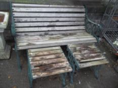 A CAST IRON AND WOOD GARDEN BENCH AND 2 TABLES