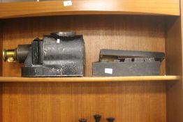 ANTIQUE MAGIC LANTERN AND BOX OF GLASS SHADES
