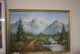 A FRAMED OIL ON CANVAS OF A RIVER SCENE