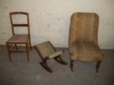 THREE ITEMS TO INCLUDE A STOOL, ANTIQUE CHAIR ETC