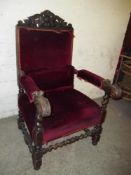 AN ANTIQUE CARVED THRONE CHAIR WITH BALLEX TWIST DETAIL