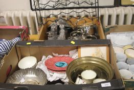 TWO TRAYS OF METALWARE AND CERAMICS TO INCLUDE A CRUET (TRAY NOT INCLUDED)