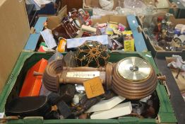 TWO TRAYS OF COLLECTABLE,S AND METALWARE TO INCLUDE MATCHBOXES, A BAROMETER ETC (TRAYS NOT