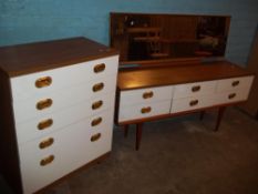 A TEAK AND WHITE RETRO DRESSING TABLE AND 5 DRAWER CHEST