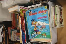 A TRAY OF MAINLY CHILDREN,S BOOKS TO INCLUDE DONALD AND MICKEY, THE ARMADA FUN PACK ETC (TRAYS NOT