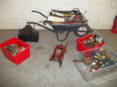 A WHEELBARROW AND TOOLS CONTENTS TO INCLUDE A CAR TROLLEY JACK, 4 BOXES OF TOOLS AND AN