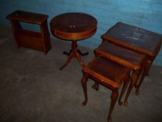 A SELECTION OF REPRODUCTION FURNITURE TO INCLUDE A GLASS TOPPED NEST OF TABLES, A DRUM TABLE ETC