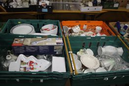 FOUR TRAYS OF ASSORTED CERAMICS AND GLASSWARE (TRAY NOT INCLUDED)