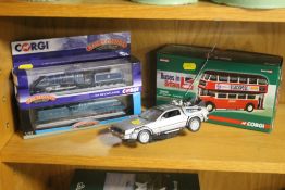 TWO CORGI TRAINS, A CORGI BUS AND A TOY CAR