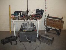 A SELECTION OF TOOLS AND TOOL BOXES TO INCLUDE A BLACK AND DECKER WORKMATE, AND A TILE CUTTER ETC