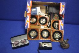 A BOX OF COLLECTABLES TO INCLUDE PORTRAITS, CAMERA SUNGLASSES ETC