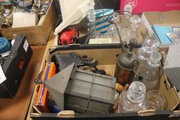 TWO TRAYS OF SUNDRIES AND GLASSWARE TO INCLUDE A PAIR OF VINTAGE ICE SKATES (TRAYS NOT INCLUDED),