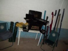 A SELECTION OF FISHING EQUIPMENT TO INCLUDE RODS, CHAIRS AND A FISHING BOX