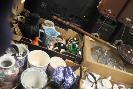 THREE TRAYS OF CERAMICS AND GLASSWARE TOGETHER WITH A WARMING PAN (TRAYS NOT INCLUDED),br.