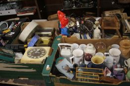 THREE TRAYS OF ORNAMENTS AND COLLECTABLES TO INCLUDE WALL CLOCKS (TRAY NOT INCLUDED)