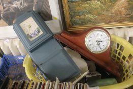 A BASKET OF COLLECTABLES TO INCLUDE CLOCKS
