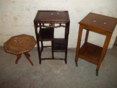 A BAMBOO SIDE TABLE, AN ORIENTAL STYLE FOLD AWAY OCCASIONAL WINE TABLE AND A SERVING TROLLEY (3