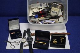 A BOX OF ASSORTED COSTUME JEWELLERY, WRIST WATCHES, CUFF LINKS ETC