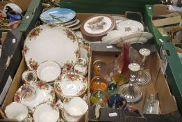 THREE TRAYS OF CERAMICS AND GLASSWARE TO INCLUDE ROYAL ALBERT ,OLD COUNTRY ROSES, (TRAYS NOT