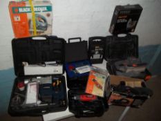 A SELECTION OF BOXED POWER TOOLS TO INCLUDE A PNEUMATIC DRILL, A PLANER, A SANDER ETC