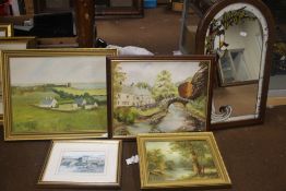 THREE ASSORTED OILS TOGETHER WITH A MIRROR AND A PRINT