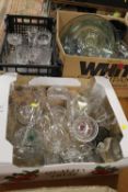 THREE BOXES OF ASSORTED GLASS TO INCLUDE AN EDINBURGH CRYSTAL DESK CLOCK