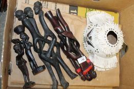 A WEST AFRICAN NIGERIAN WOVEN HAT WITH EAGLE, TWO EAST AFRICAN TRIBAL STYLE FIGURES AND TWO