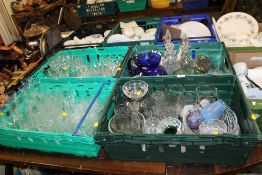 FOUR TRAYS OF ASSORTED GLASSWARE TO INC DECANTERS, DARTINGTON ITEMS, CUT GLASS ETC