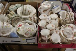 TWO TRAYS OF ASSORTED TEA AND DINNERWARE TO INCLUDE A QUEEN'S WOMAN AND HOME PATTERN PART TEA
