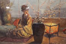 A FRAMED AND GLAZED JAPANESE GEISHA OIL TOGETHER WITH TWO ART DECO ADVERTISING PRINTS