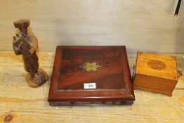 A MAHOGANY BOX, ANOTHER TRINKET / JEWELLERY BOX & EUROPEAN TREEN CARVING OF A MUSICIAN
