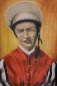 A LESTER PIGGOTT OIL ON BOARD TOGETHER WITH VARIOUS HORSE RACING PICTURES, PRINTS ETC AND A COALPORT