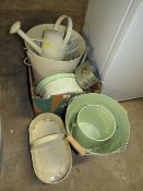A QUANTITY OF ENAMEL WARE TO INCLUDE FRESH VEGETABLES PAIL ETC