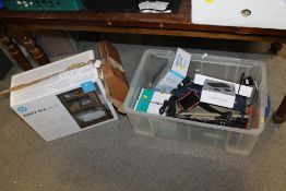 TWO TRAYS OF OFFICE SUNDRIES TO INC A BOSE WAVE RADIO CD WITH REMOTE PLUS A VINTAGE TYPEWRITER AND A