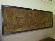 AN OAK FRAMED TAPESTRY WALL HANGING DEPICTING A TAVERN INTERIOR