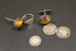 A PAIR OF TIGERS EYE AND STERLING SILVER CUFFLINKS, TOGETHER COINS & A RING