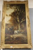 A TALL GILT FRAMED OIL ON CANVAS OF AN EXTENSIVE COUNTRY LANDSCAPE WITH A LOG CART SIGNED LOWER