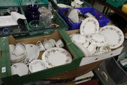 TWO TRAYS OF ROYAL WORCESTER JUNE GARLAND TEA AND DINNERWARE, ROYAL ALBERT SILVER MAPLE BOWLS ETC