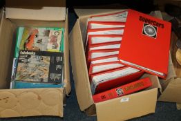 A TRAY OF CAR MANUALS TOGETHER WITH THE ENCYCLOPEDIA OF SUPERCARS MAGAZINES IN FOLDERS