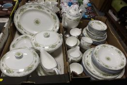 TWO TRAYS OF WEDGWOOD PETERSHAM TEA AND DINNERWARE (APPROX 54 PIECES)