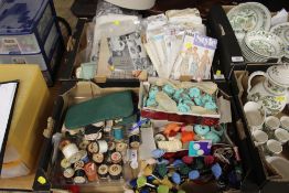 TWO TRAYS OF ASSORTED SEWING AND CRAFTING ITEMS TO INC COTTONS, SEWING PATTERNS ETC