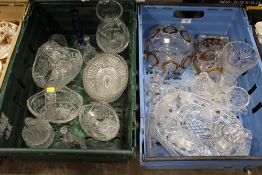 TWO TRAYS OF ASSORTED CUT GLASS ETC TO INC COLOURED EXAMPLES