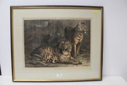 FOUR ASSORTED FRAMED AND GLAZED PRINTS TO INCLUDE A TIGER COLOUR ENGRAVING ENTITLED 'ROYAL GAME' - H